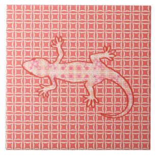 Tribal batik Gecko - coral pink and cream Tile