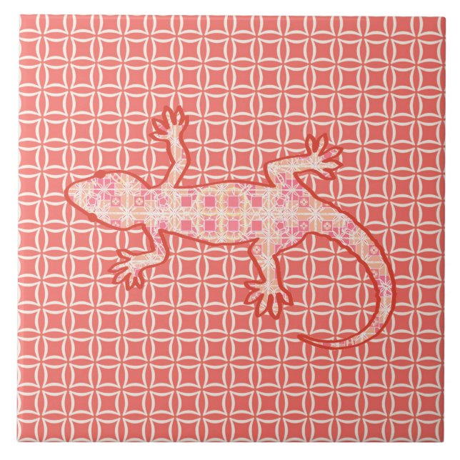 Tribal batik Gecko - coral pink and cream Tile (Front)