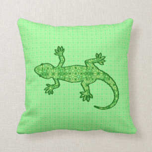 Tribal batik Gecko - lime and emerald green Cushion