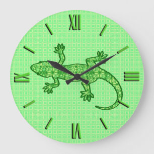 Tribal batik Gecko - lime and emerald green Large Clock