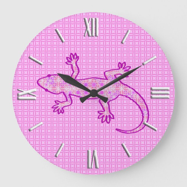 Tribal batik Gecko - orchid and shell pink Large Clock (Front)