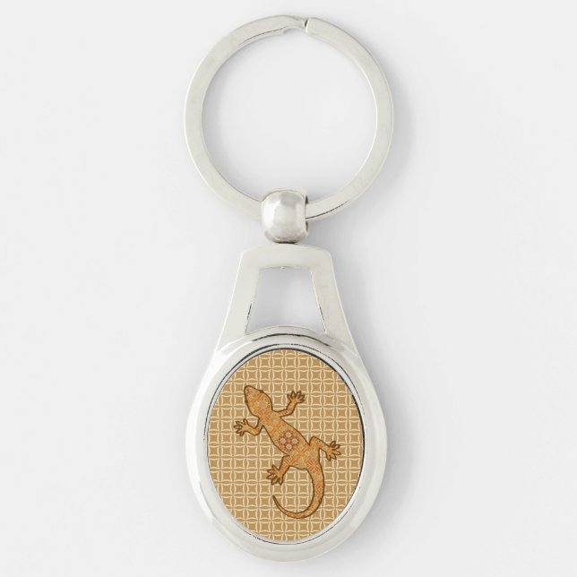 Tribal batik Gecko - rust, amber and tan Key Ring (Front)