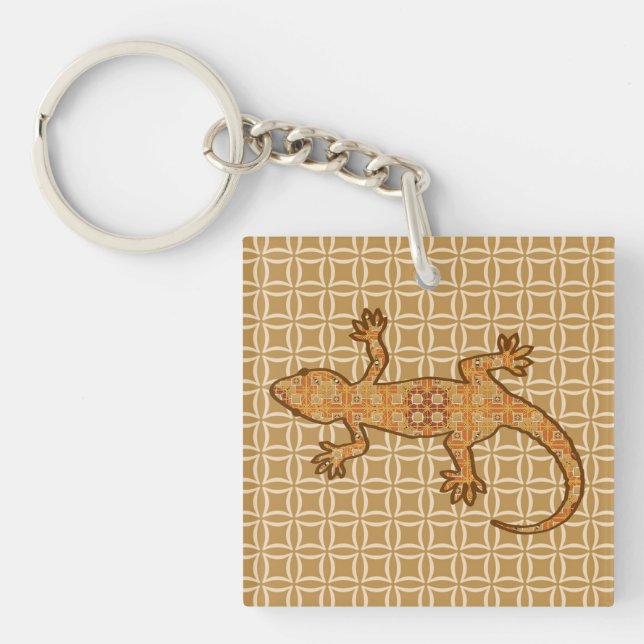 Tribal batik Gecko - rust, amber and tan Key Ring (Front)
