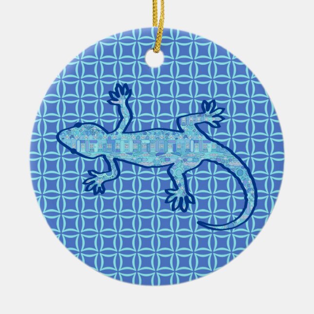 Tribal batik Gecko - soft denim blue Ceramic Tree Decoration (Front)