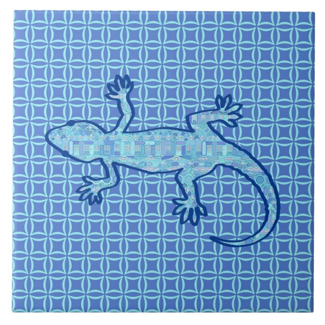 Tribal batik Gecko - soft denim blue Tile (Front)