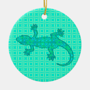 Tribal batik Gecko - turquoise / peacock Ceramic Tree Decoration