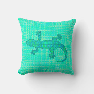 Tribal batik Gecko - turquoise / peacock Cushion