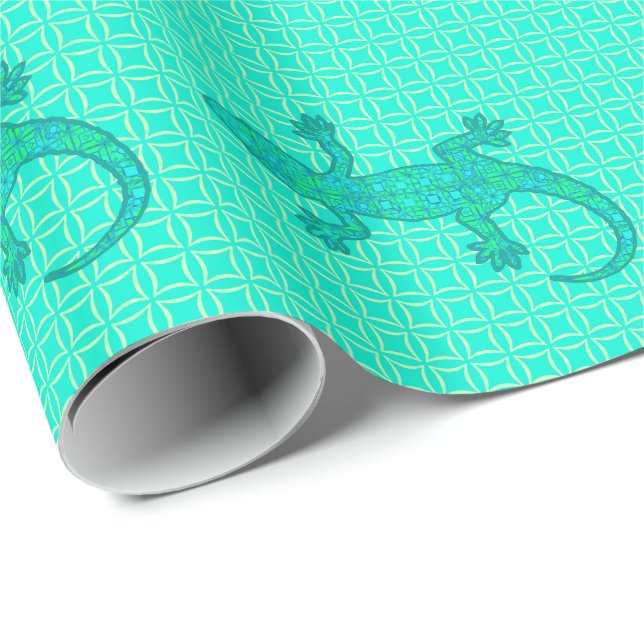 Tribal batik Gecko - turquoise / peacock Wrapping Paper (Roll Corner)