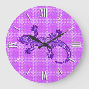 Tribal batik Gecko - violet and amethyst purple Large Clock