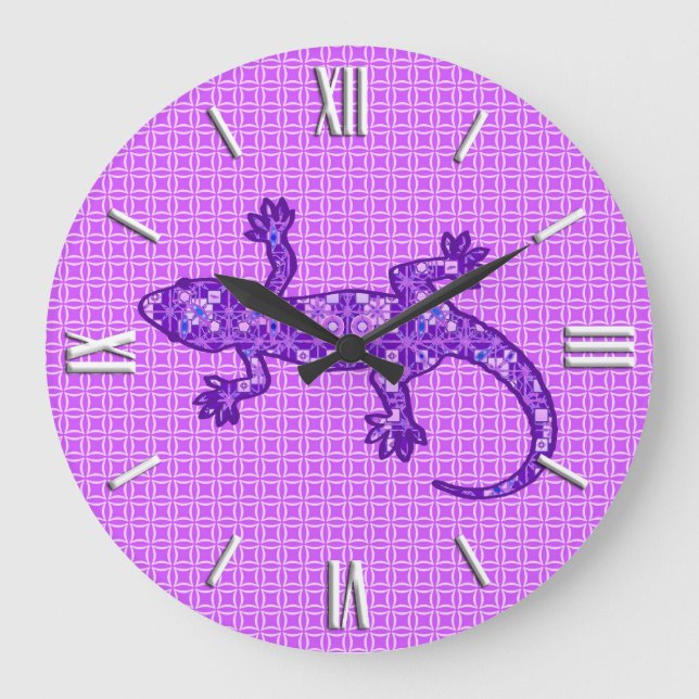 Tribal batik Gecko - violet and amethyst purple Large Clock (Front)