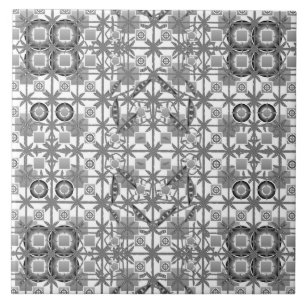 Tribal Batik - grey / grey, black and white Tile