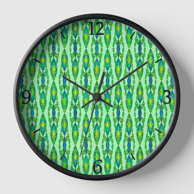 Tribal Batik - Mint, Emerald Green and Blue Clock (Front)