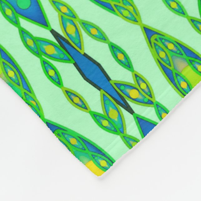 Tribal Batik - Mint, Emerald Green and Blue Fleece Blanket (Corner)