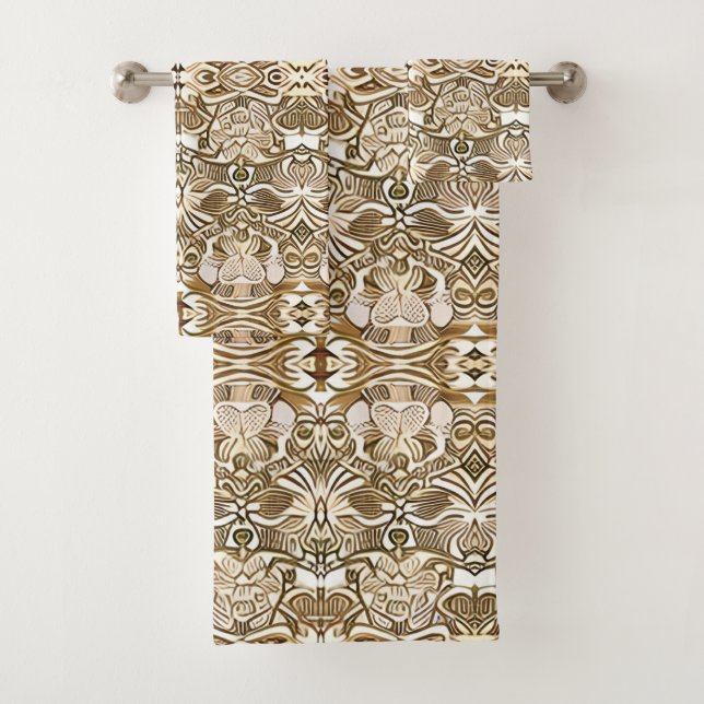 Tribal Batik Pattern in Coffee Brown and Beige Bath Towel Set (Insitu)