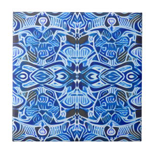 Tribal Batik Pattern in Indigo Blue and White    Tile