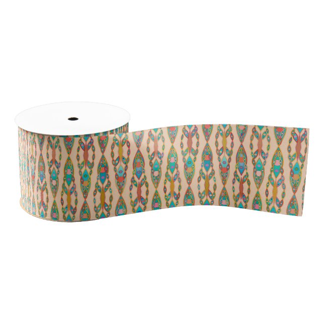 Tribal Batik - Peach Pink and Turquoise Grosgrain Ribbon (Spool)