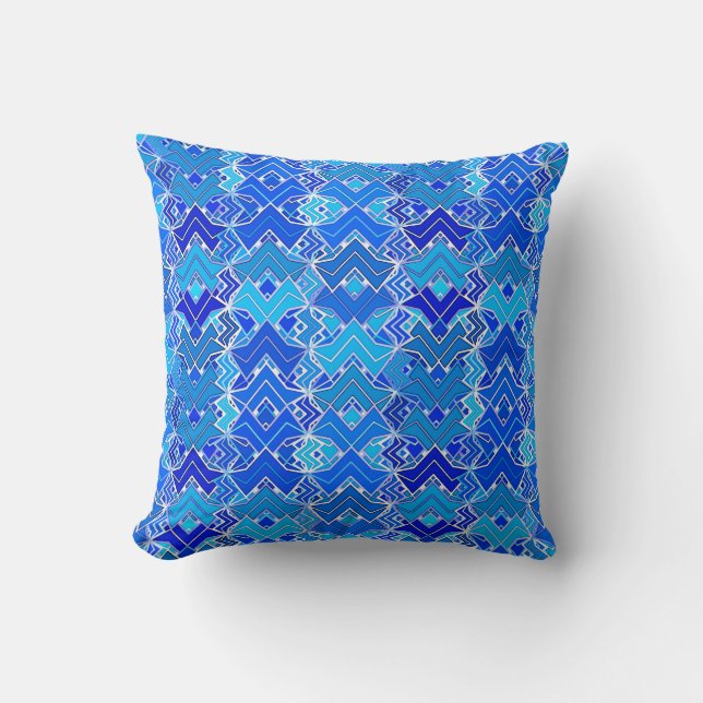 Tribal Batik Print, Cobalt and Cerulean Blue Cushion (Front)