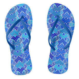 Tribal Batik Print, Cobalt and Cerulean Blue Jandals