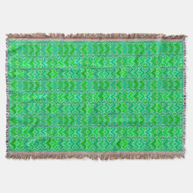Tribal Batik Print, Jade Green and Lime Green Throw Blanket (Front)