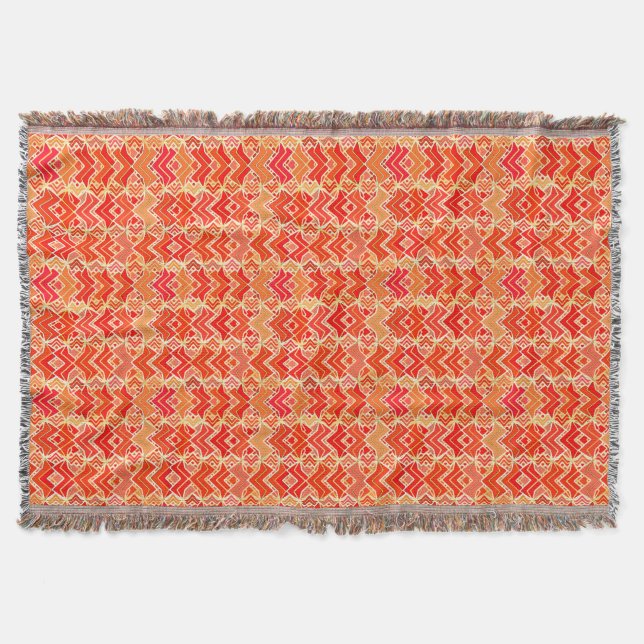 Tribal Batik Print, Mandarin and Light Orange Throw Blanket (Front)