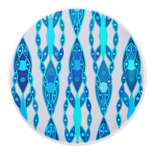 Tribal Batik - Sapphire Blue and Silver Grey Ceramic Knob (Front)