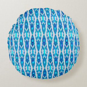 Tribal Batik - Sapphire Blue and Silver Grey Round Cushion