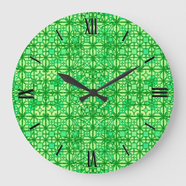 Tribal Batik - shades of green Large Clock (Front)