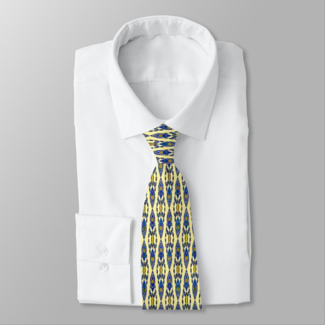 Tribal Batik - Steel Blue, Grey and Yellow Tie (Tied)