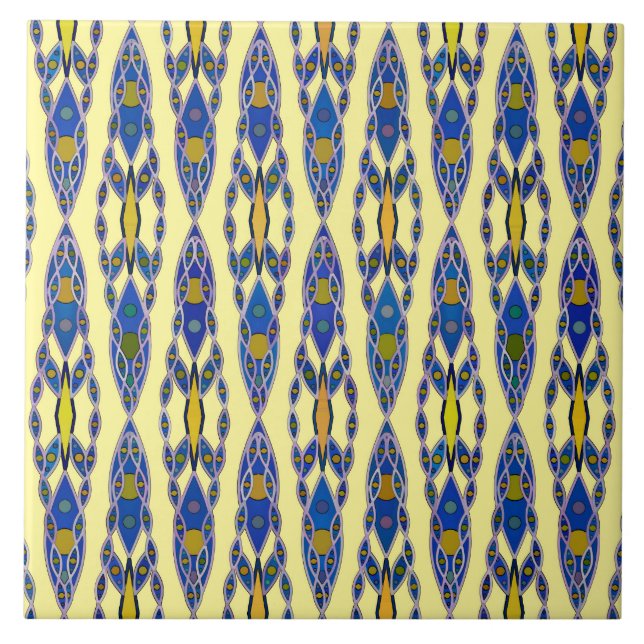Tribal Batik - Steel Blue, Grey and Yellow Tile (Front)