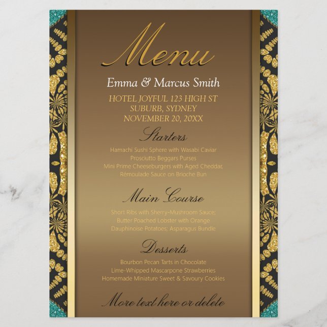 Tribal Batik Style Gold Black Teal Wedding Menu (Front)