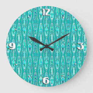 Tribal Batik - Turquoise and Aquamarine Large Clock