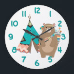 Tribal Bear and Tipi Teal Number<br><div class="desc">Here's a cute clock that will help your child learn to read time, and be fun, too! Large teal numbers on a field of white make the clock easy to read. Within the circle of numbers is an adorable image of a brown bear dressed in tribal attire, including a head...</div>