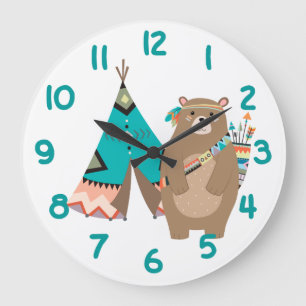 Tribal Bear and Tipi Teal Number Large Clock