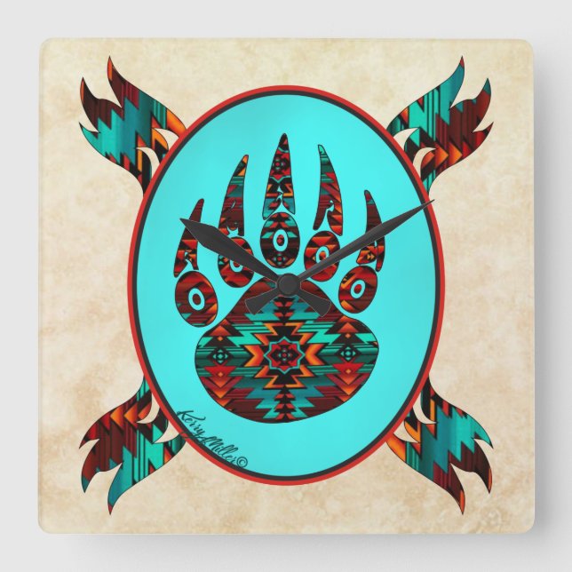 Tribal Bear Paw Square Wall Clock (Front)