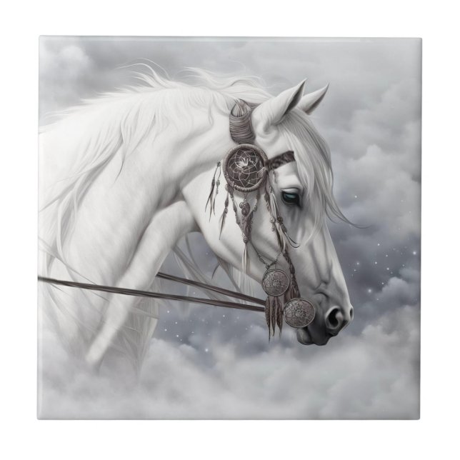 Tribal Beautiful White Horse Ceramic Tile (Front)
