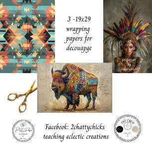 Tribal Bison Indian Geometric Southwestern Art  Wrapping Paper Sheet