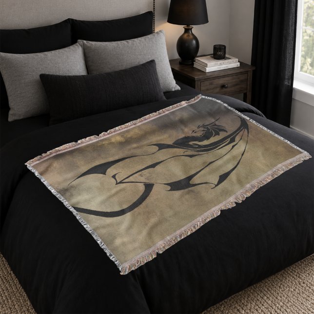 Tribal Black Dragon Silhouette Stone Fantasy Throw Blanket (Creator Uploaded)