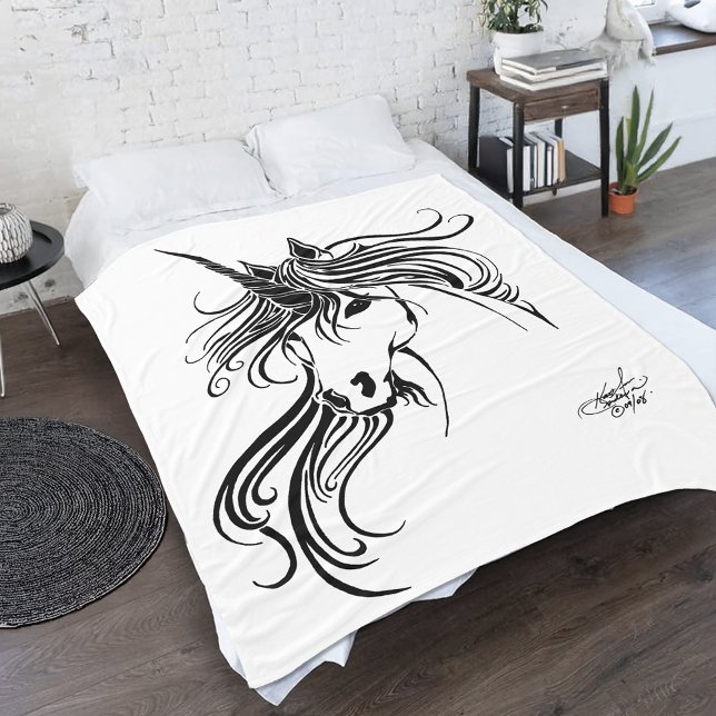 Tribal Black Ink Unicorn Fleece Blanket (Creator Uploaded)