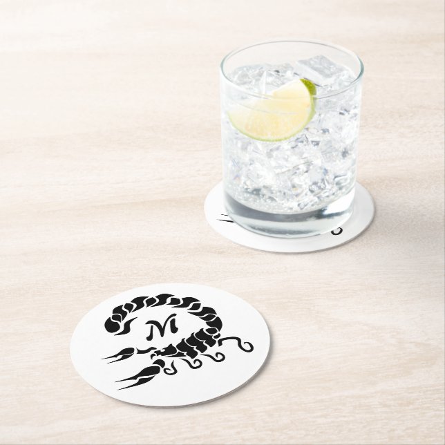 Tribal Black Scorpion Monogram Round Paper Coaster (Insitu)