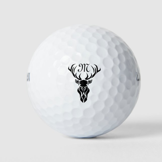 Tribal Black Stag Silhouette Monogram Golf Balls (Front)