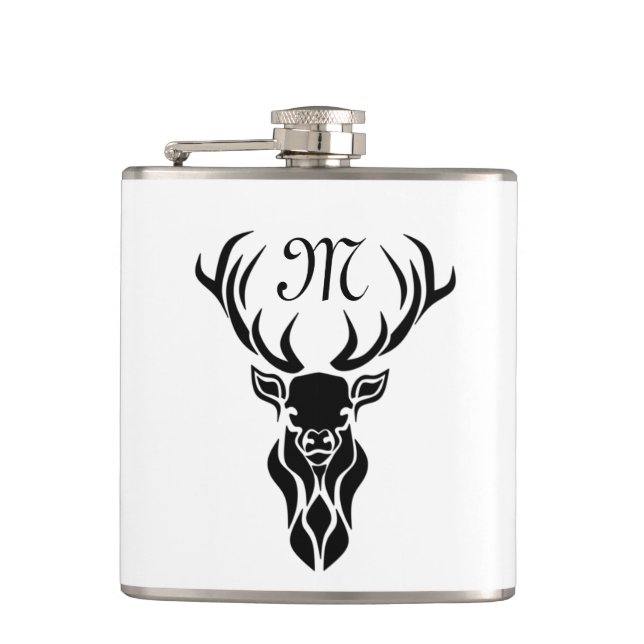 Tribal Black Stag Silhouette Monogram Hip Flask (Front)