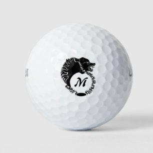 Tribal Black Wolf Head Silhouette Laurel Monogram Golf Balls