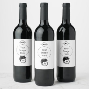 Tribal Black Wolf Head Silhouette Laurel Monogram Wine Label