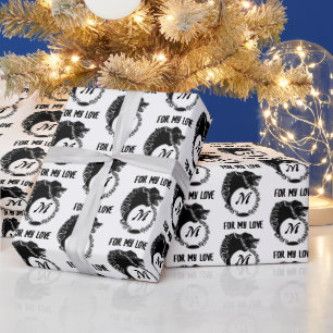 Tribal Black Wolf Head Silhouette Laurel Monogram Wrapping Paper