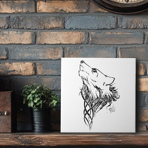 Tribal Black Wolf Howl Tile