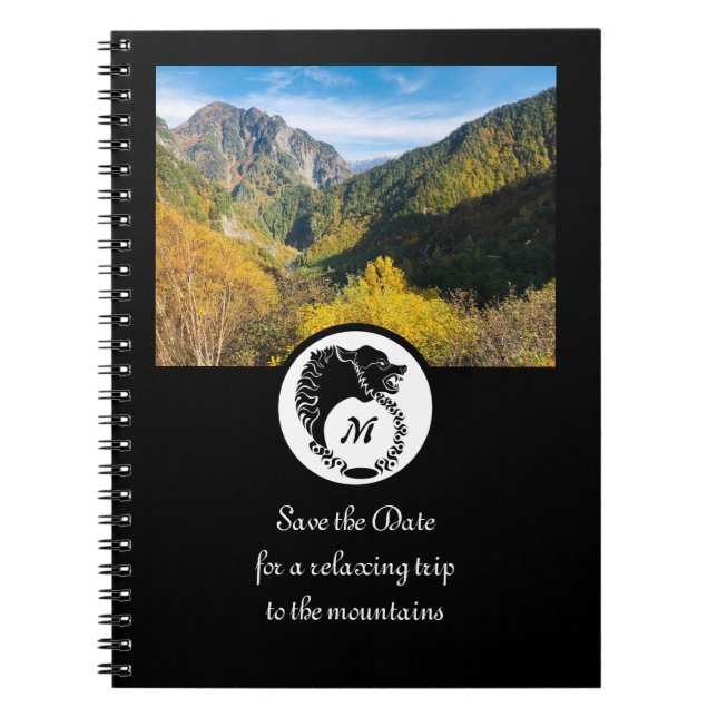 Tribal Black Wolf Silhouette Laurel Monogram Photo Notebook (Front)