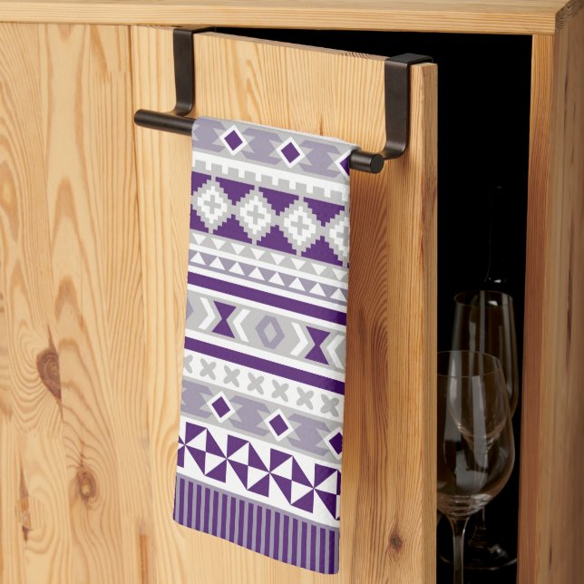 Tribal Blanket Pattern Purple Grey Tea Towel (Thirds Fold)