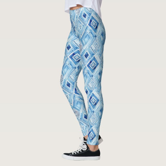 Tribal Boho Blue Squares Leggings (Left)