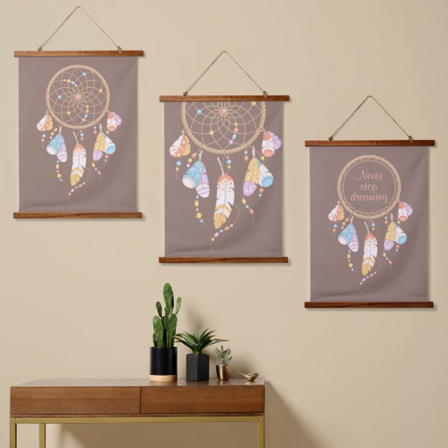 Tribal Boho Dreamcatcher on Brown Set of 3 Hanging Tapestry (Asymmetrical)