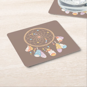 Tribal Boho Dreamcatcher on Brown Square Paper Coaster